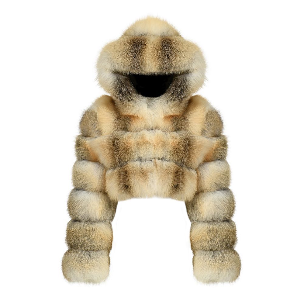 Luxurious Golden Island Fox Fur Cropped Mini Hooded Coat