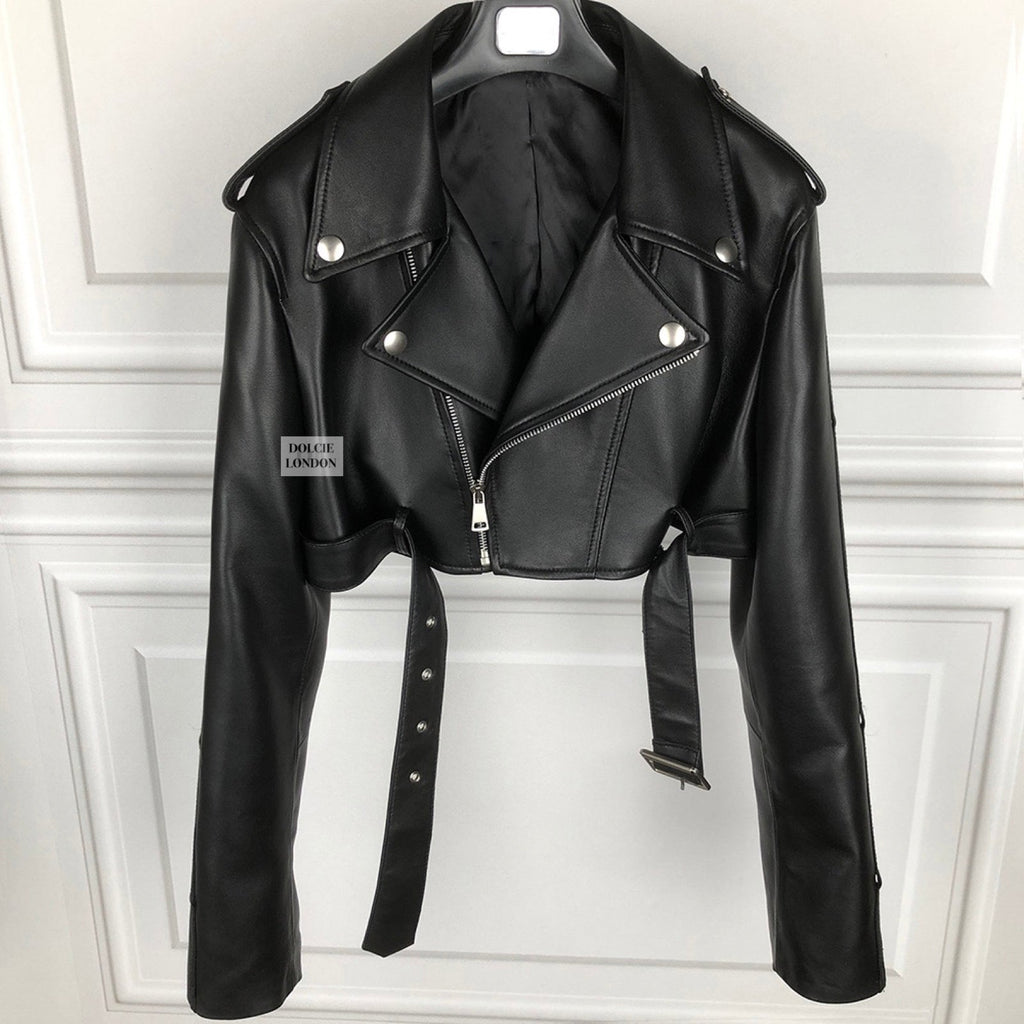 Premium Cropped Biker Leather Jacket with Satin Lining and Buckle