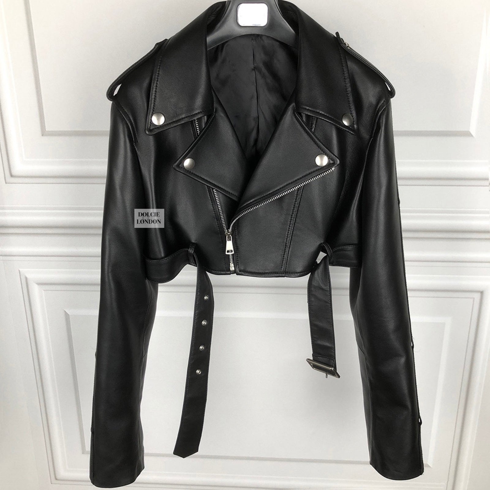 Premium Cropped Biker Leather Jacket with Satin Lining and Buckle