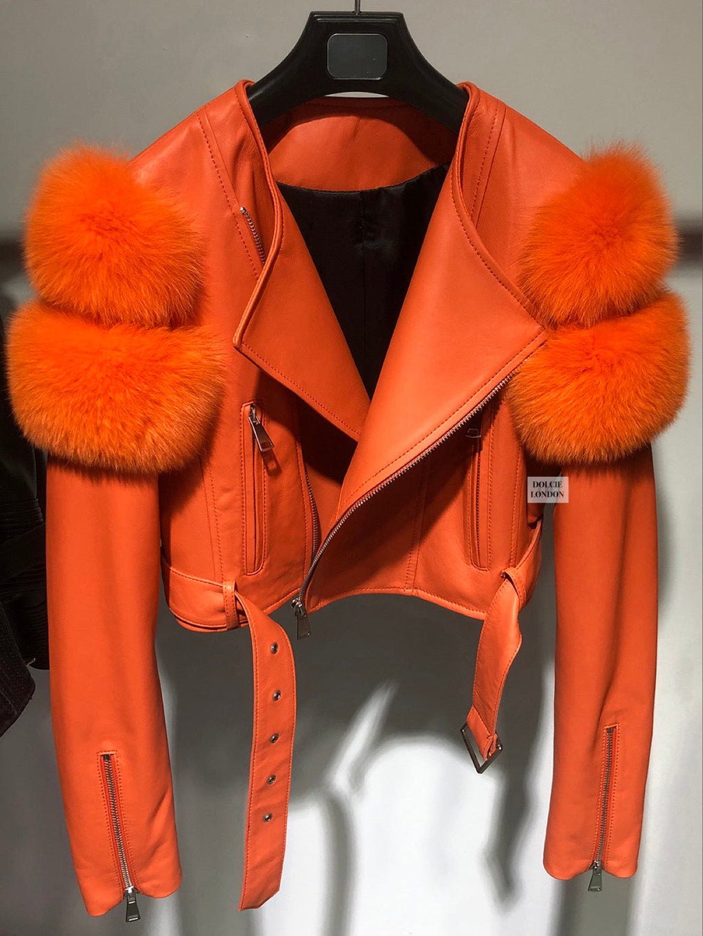 Dolcie London Women's Genuine Leather Jacket with Fox Fur Sleeves