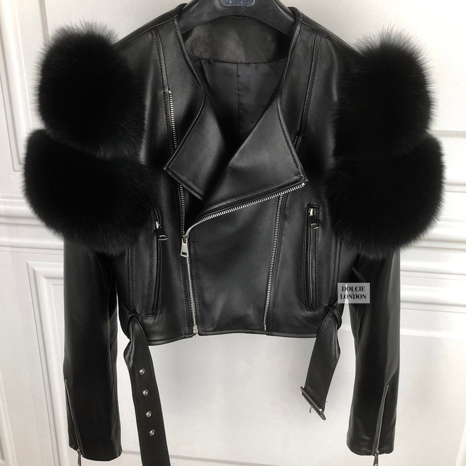 Dolcie London Women's Genuine Leather Jacket with Fox Fur Sleeves