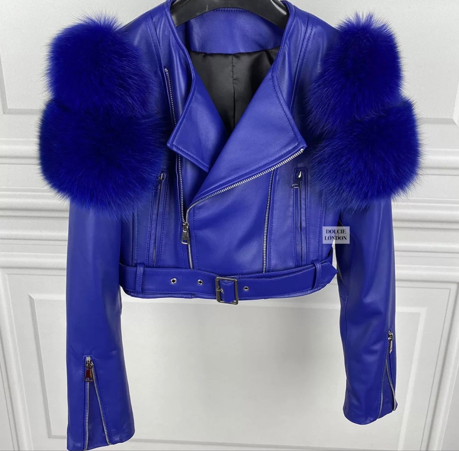 Dolcie London Women's Genuine Leather Jacket with Fox Fur Sleeves