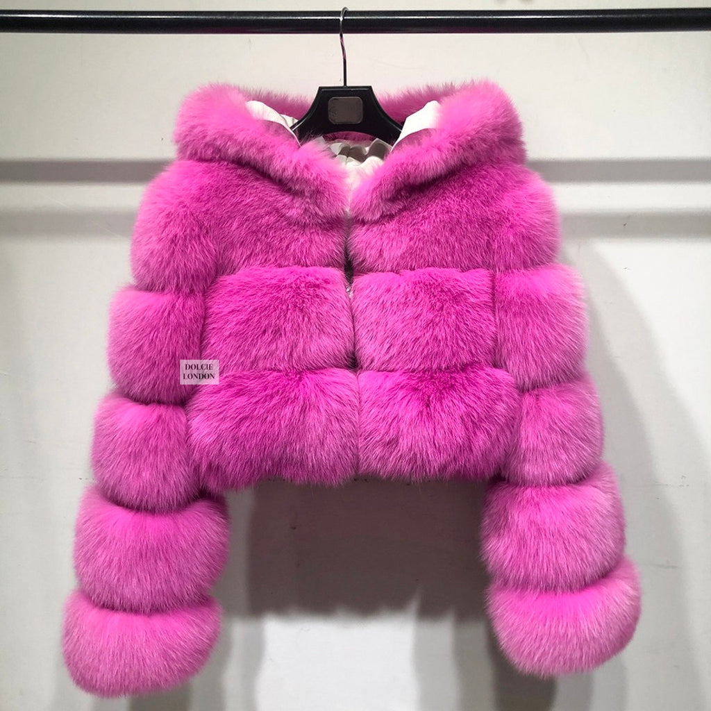 Dolcie London Luxurious Cropped Mini Zipped Hooded Real Fox Fur Coat