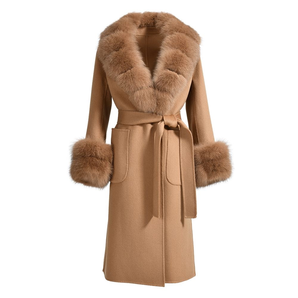 Luxury Long Cashmere Wool Coat with Detachable Fox Fur