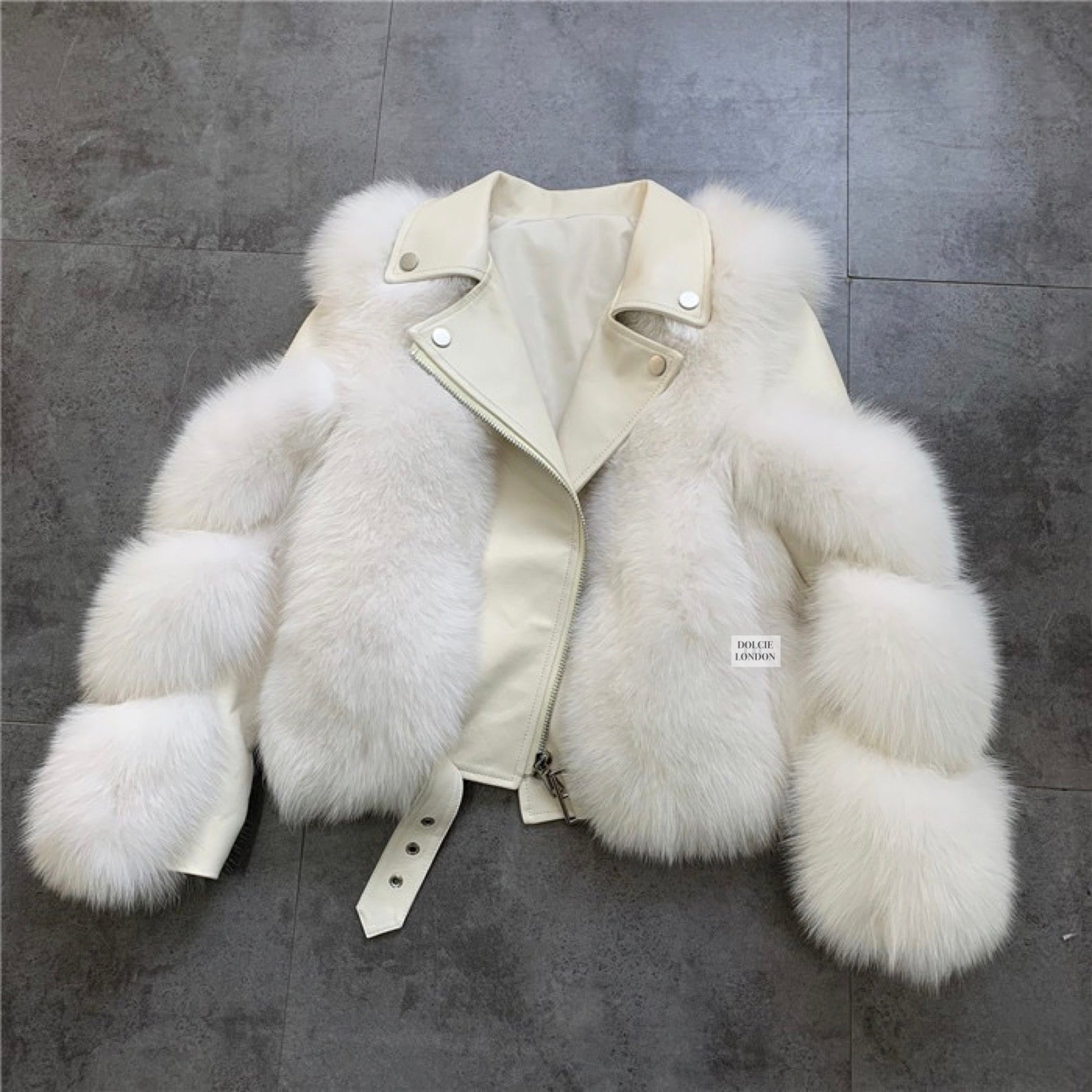 Dolcie London Genuine Leather Jacket with Straight Fox Fur Rows