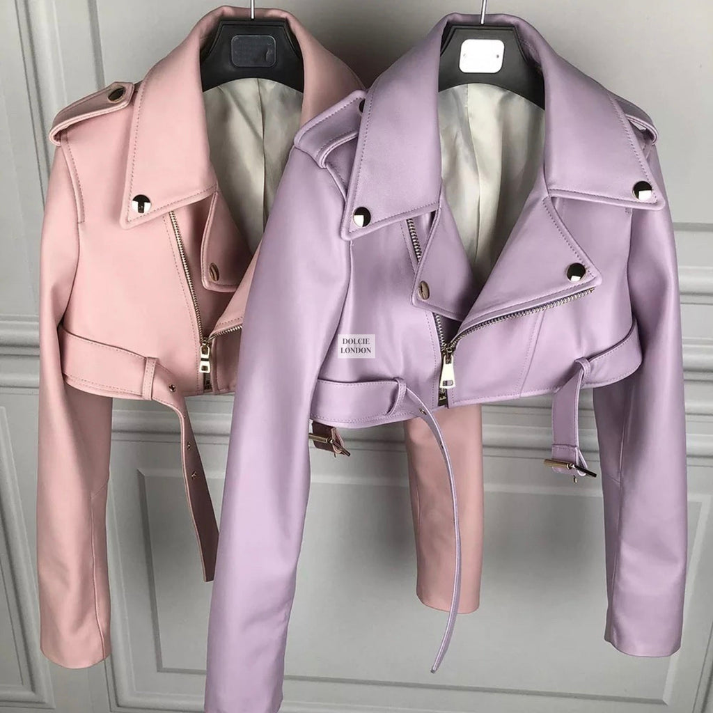 Premium Cropped Biker Leather Jacket with Satin Lining and Buckle