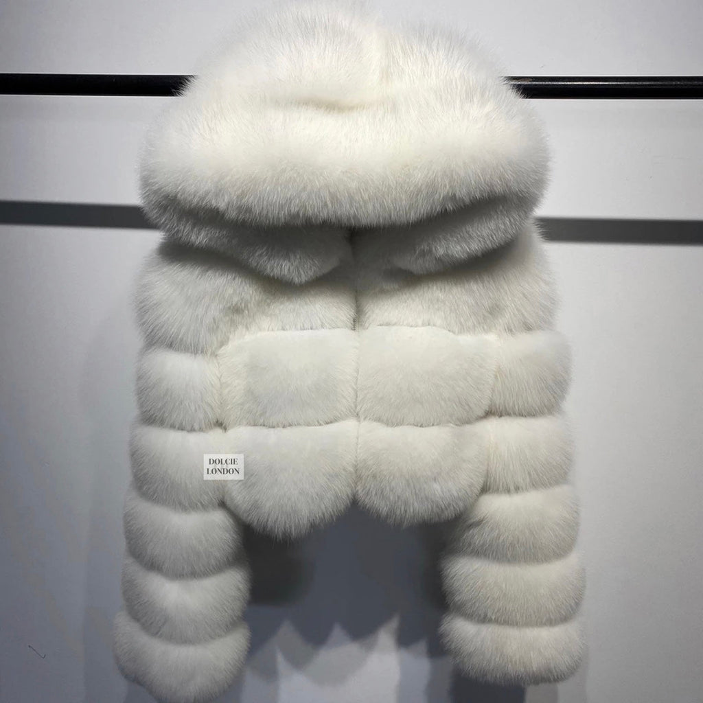 Luxury Cropped Mini Genuine Fox Fur Hooded Winter Coat