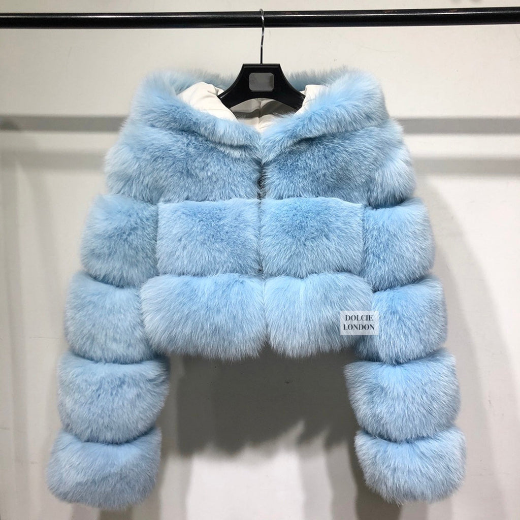 Luxury Cropped Mini Genuine Fox Fur Hooded Winter Coat