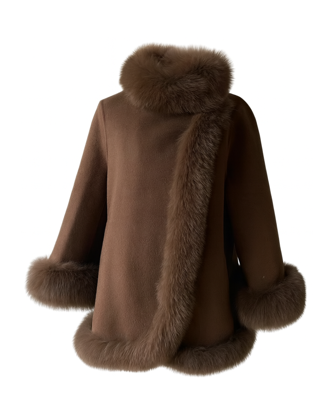 Dolcie London Brown Cashmere Wool Coat with Genuine Fox Fur