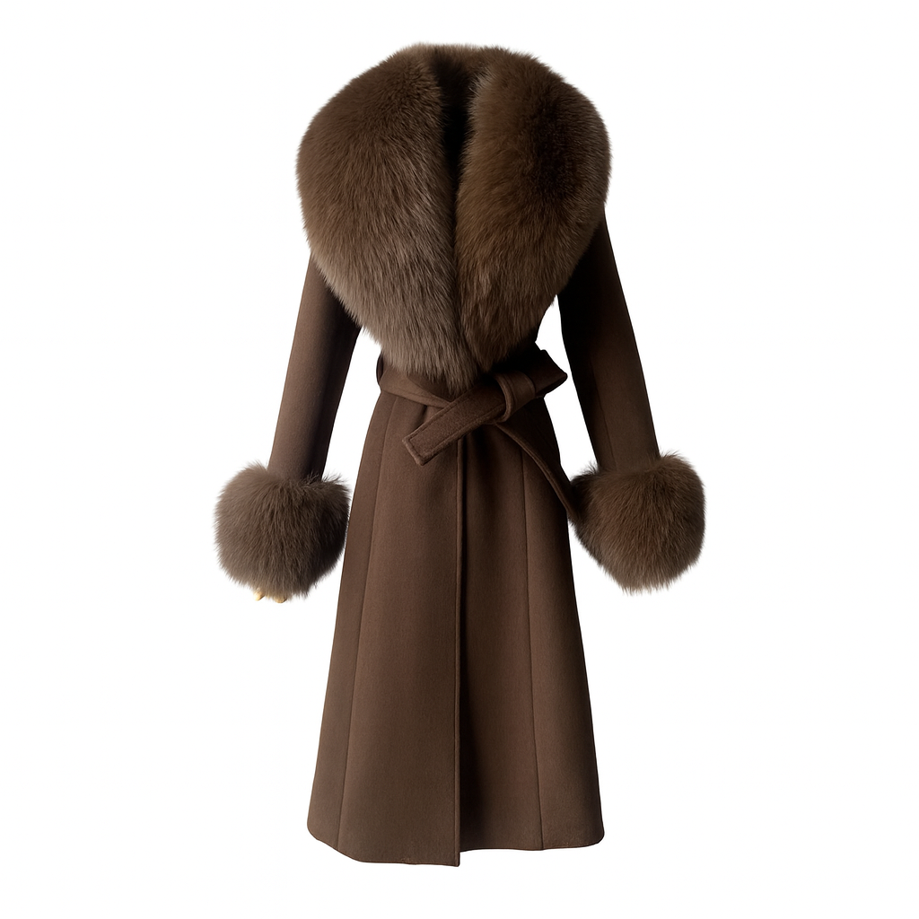Dolcie London Brown Long Cashmere Wool Coat with Fox Fur