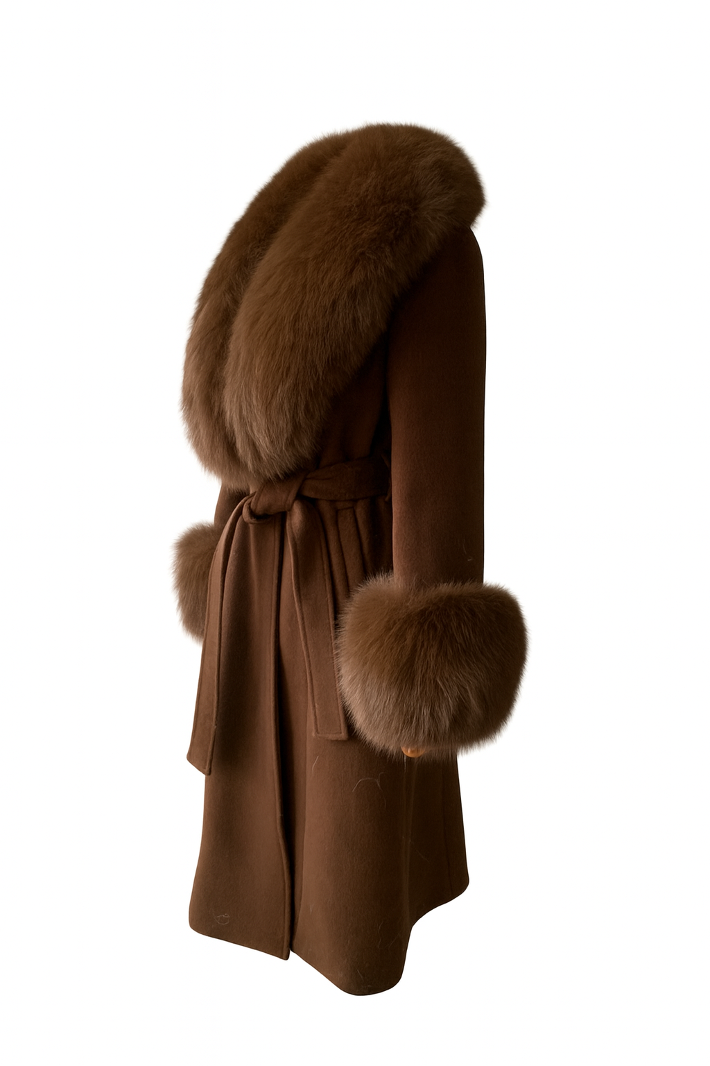 Dolcie London Brown Long Cashmere Wool Coat with Fox Fur