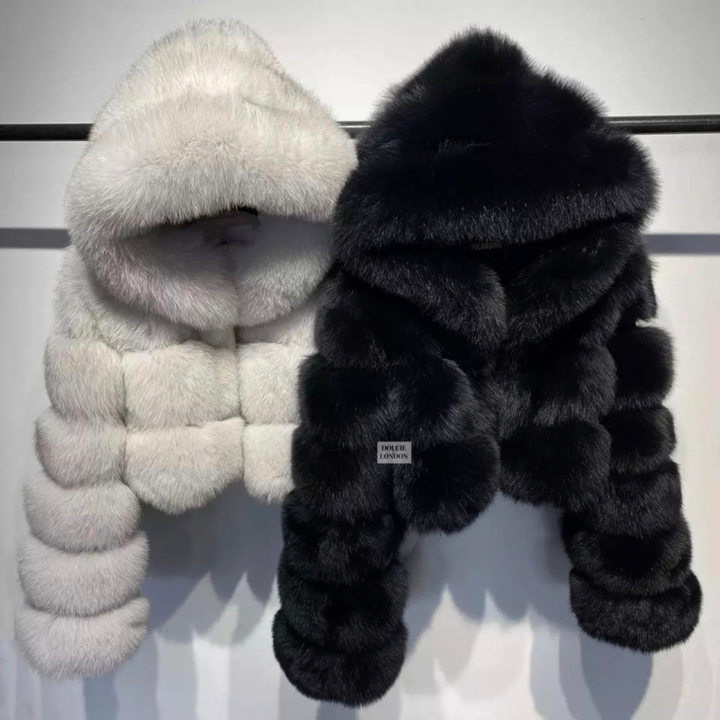 Luxury Cropped Mini Genuine Fox Fur Hooded Winter Coat