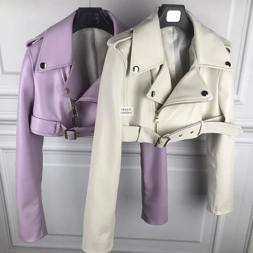 Premium Cropped Biker Leather Jacket with Satin Lining and Buckle