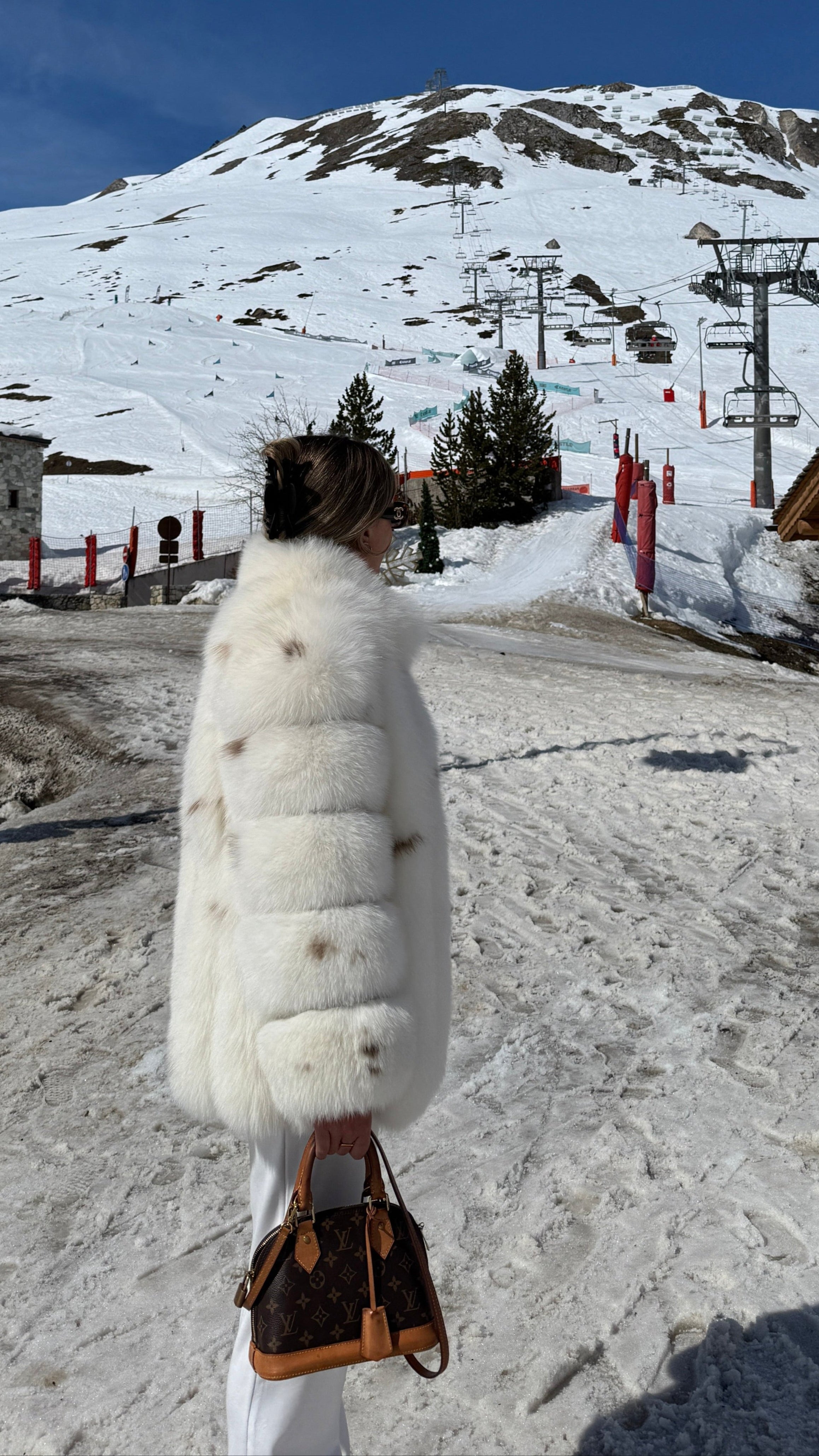 Premium Ivory Mink Fox Fur Long Straight Row Luxury Coat