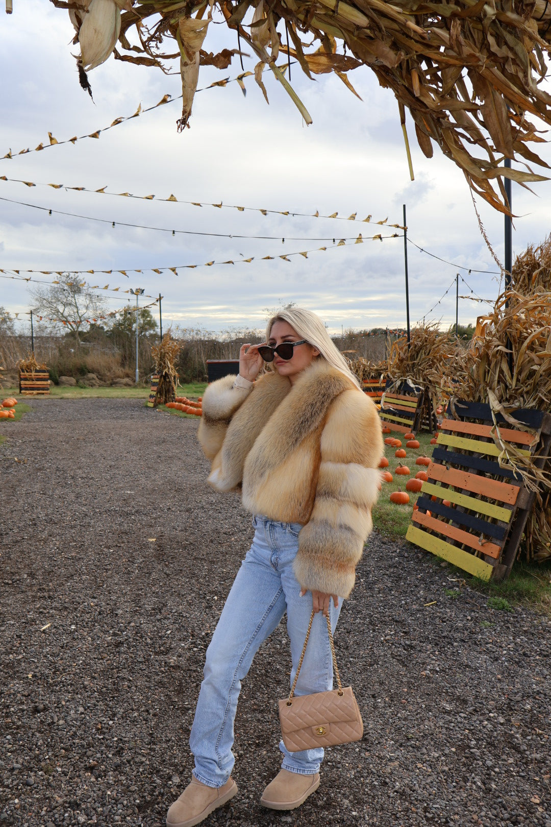 Premium Gold Island Cross Fox Fur Coat with Oversized Collar