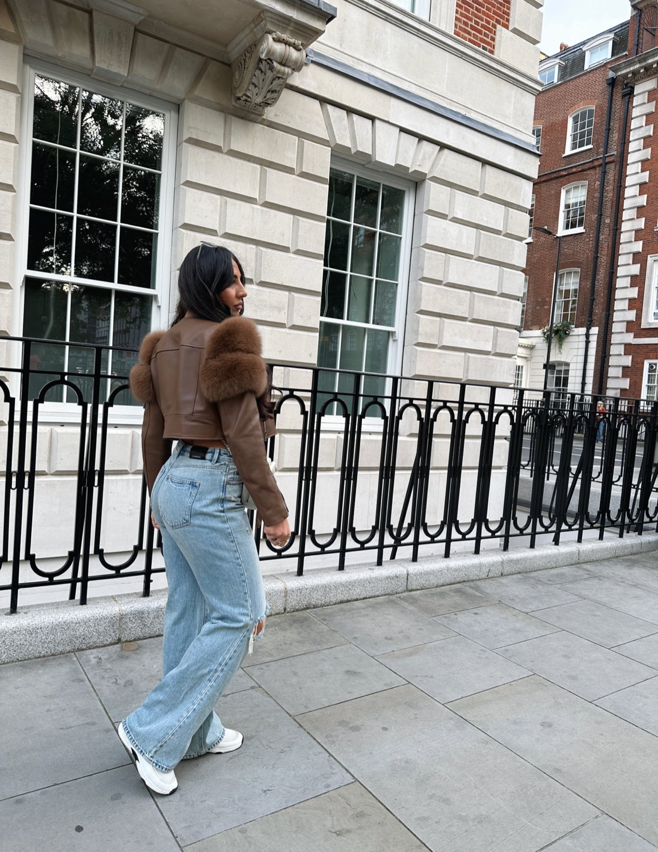 Dolcie London Women's Genuine Leather Jacket with Fox Fur Sleeves