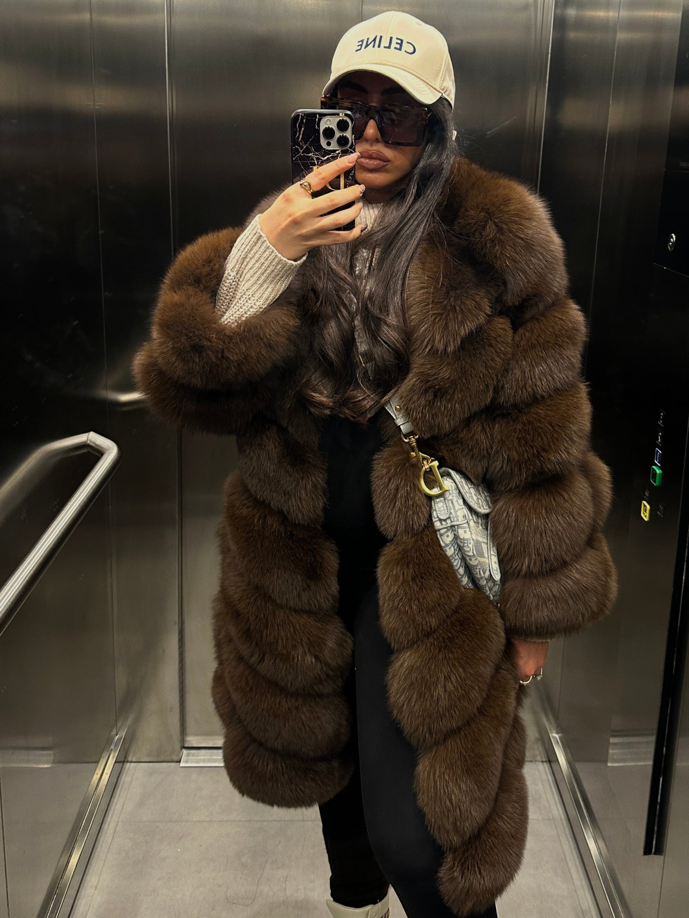 Luxurious Dolcie London Overlap Long Fox Fur Coat with Leather Lining