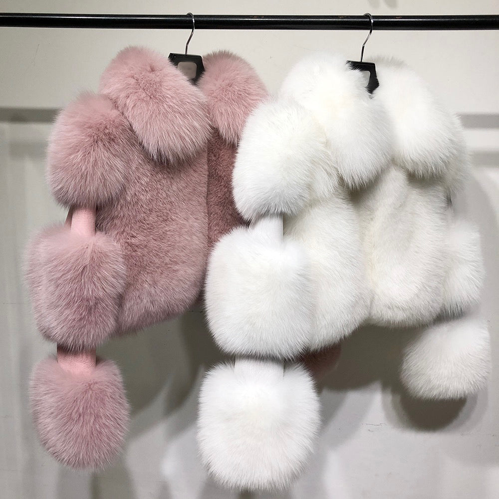 Luxury Cropped Fox Fur Coat with Genuine Leather Sleeves