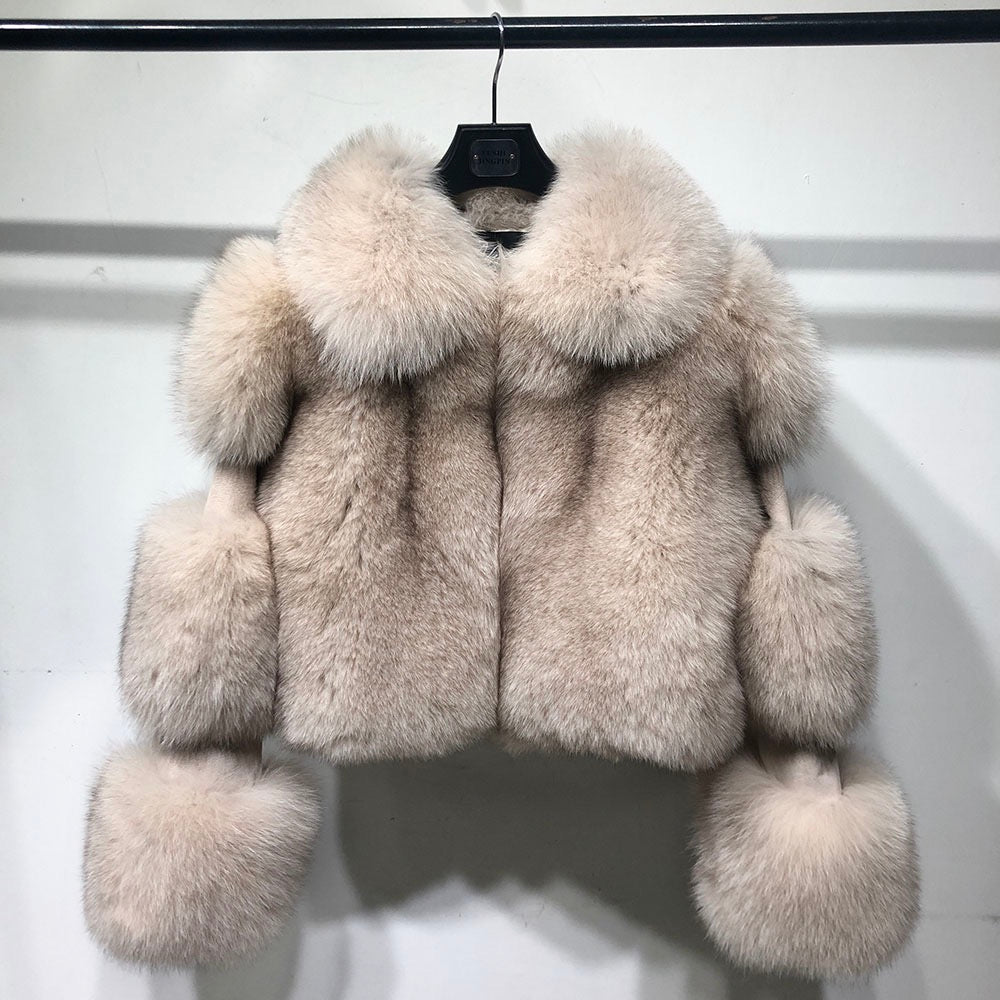 Luxury Cropped Fox Fur Coat with Genuine Leather Sleeves