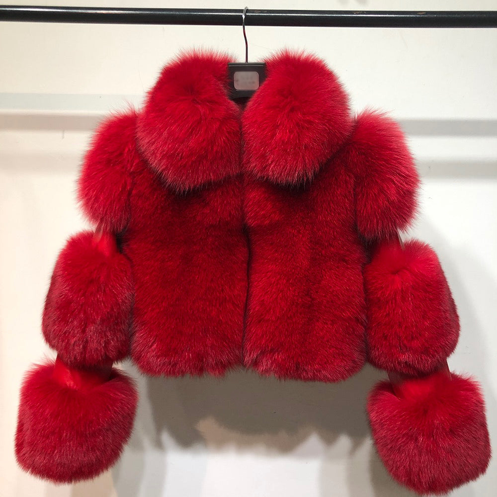 Luxury Cropped Fox Fur Coat with Genuine Leather Sleeves