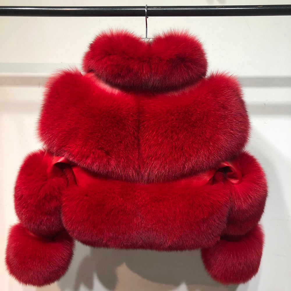 Luxury Cropped Fox Fur Coat with Genuine Leather Sleeves