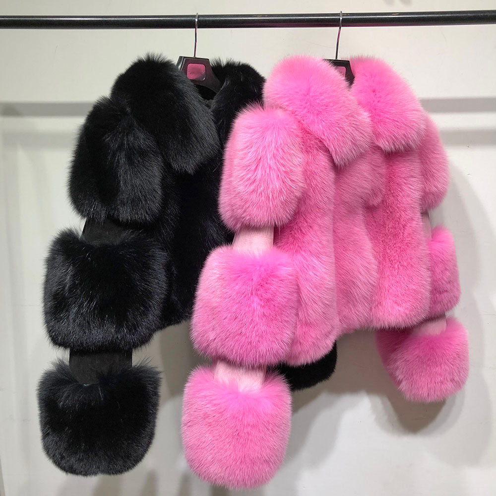 Luxury Cropped Fox Fur Coat with Genuine Leather Sleeves