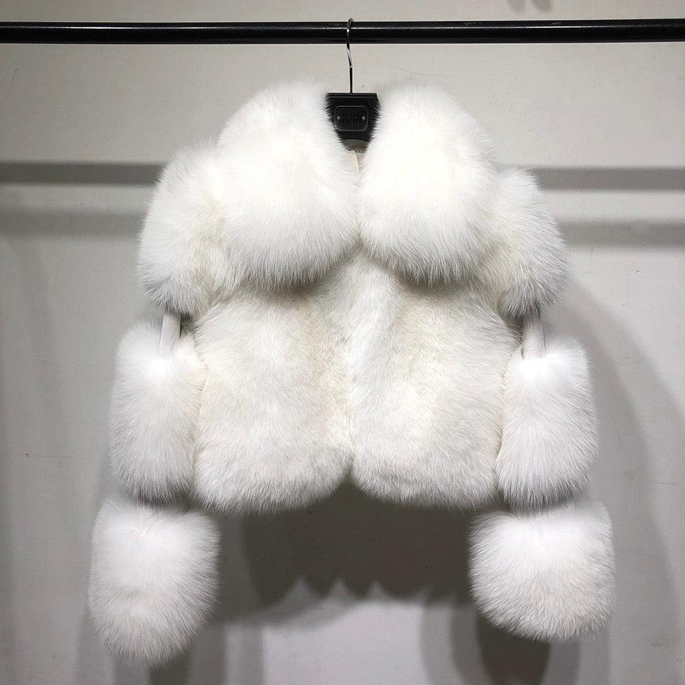 Luxury Cropped Fox Fur Coat with Genuine Leather Sleeves