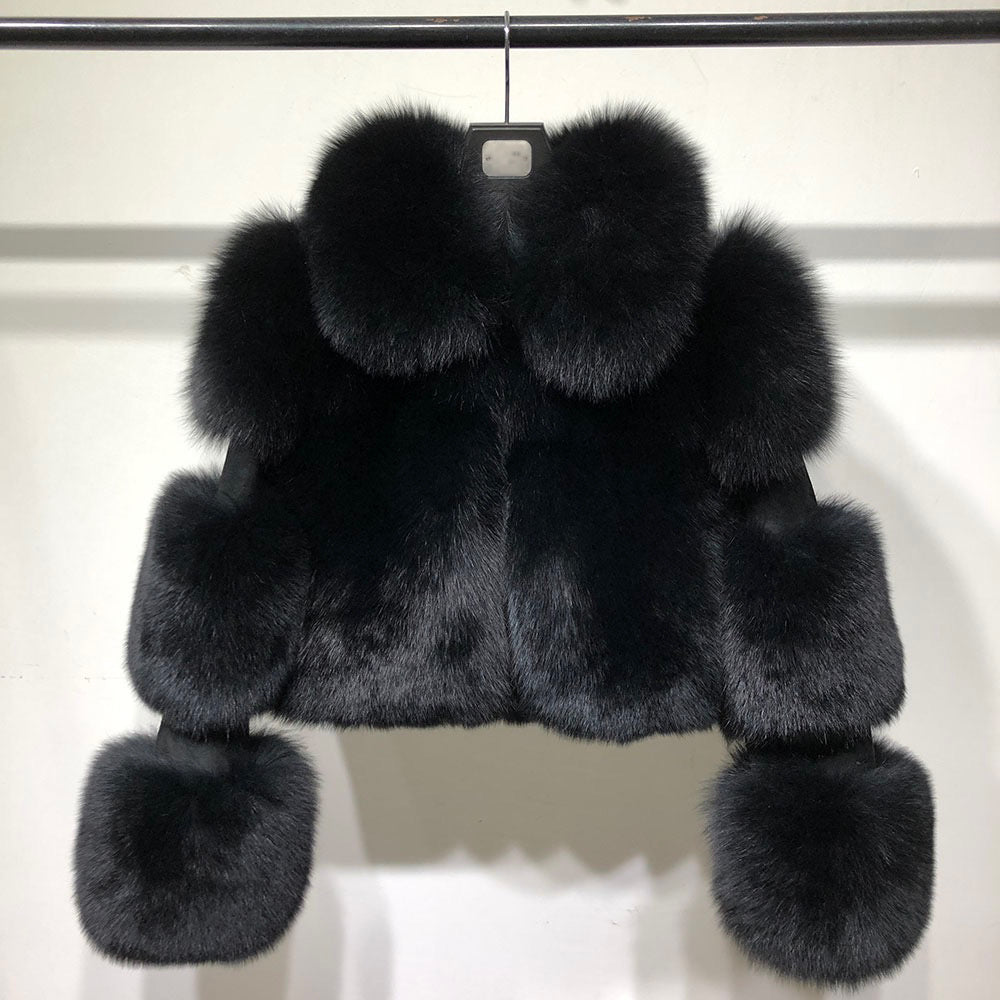 Luxury Cropped Fox Fur Coat with Genuine Leather Sleeves
