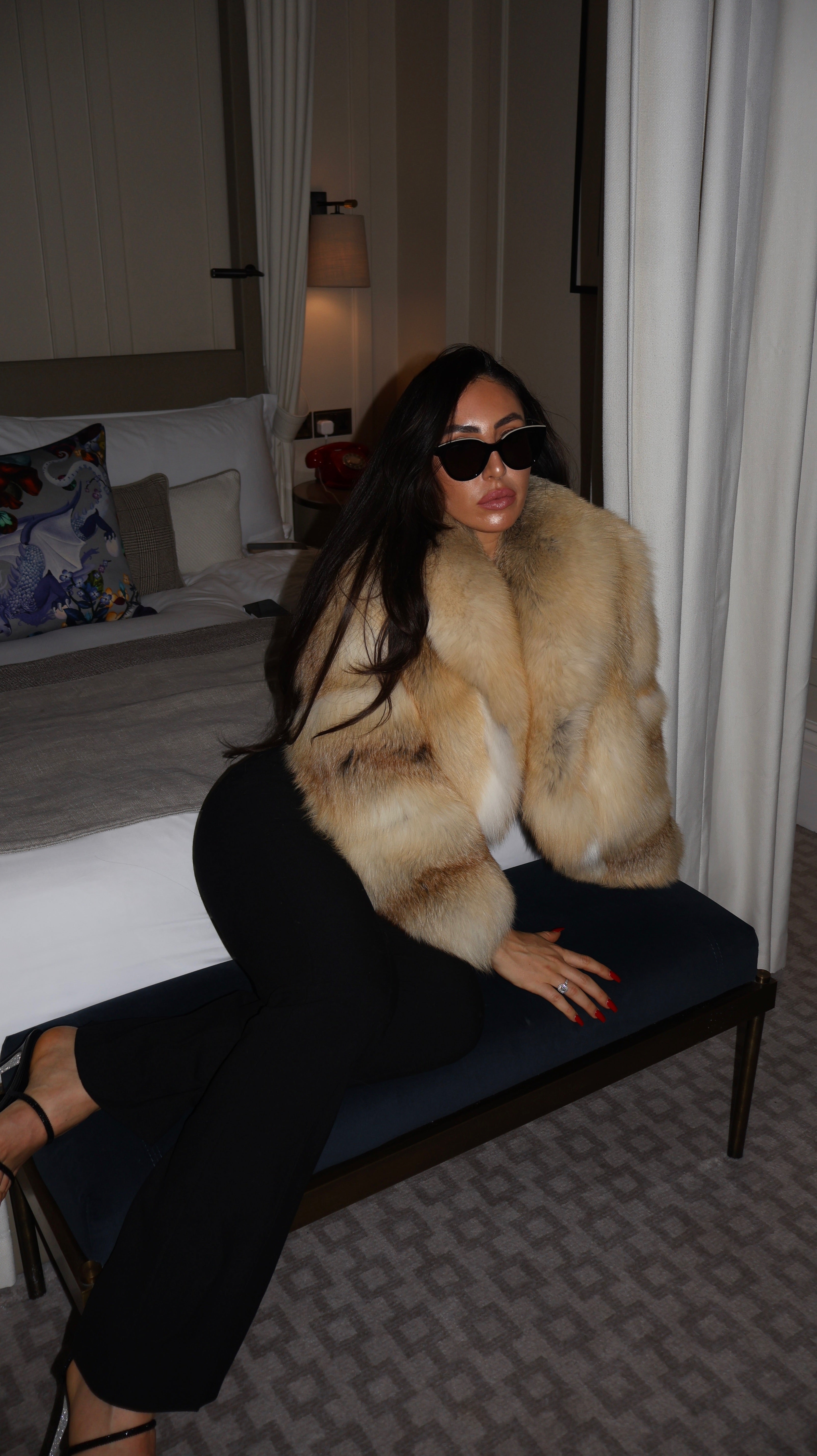 Premium Gold Island Cross Fox Fur Coat with Oversized Collar