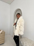 Premium Fox Fur Midi Collar Coat with Genuine Leather Lining