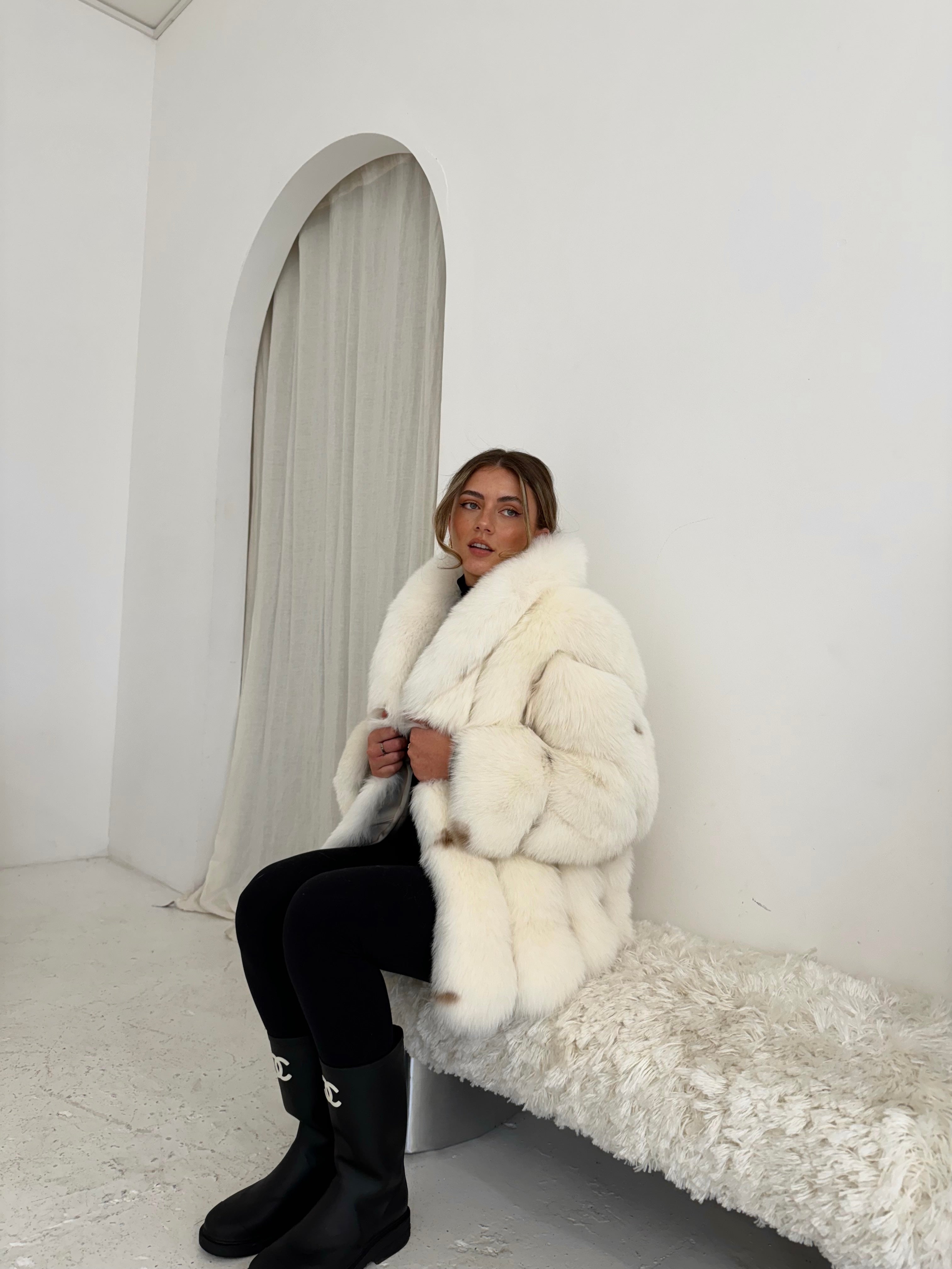 Premium Fox Fur Midi Collar Coat with Genuine Leather Lining