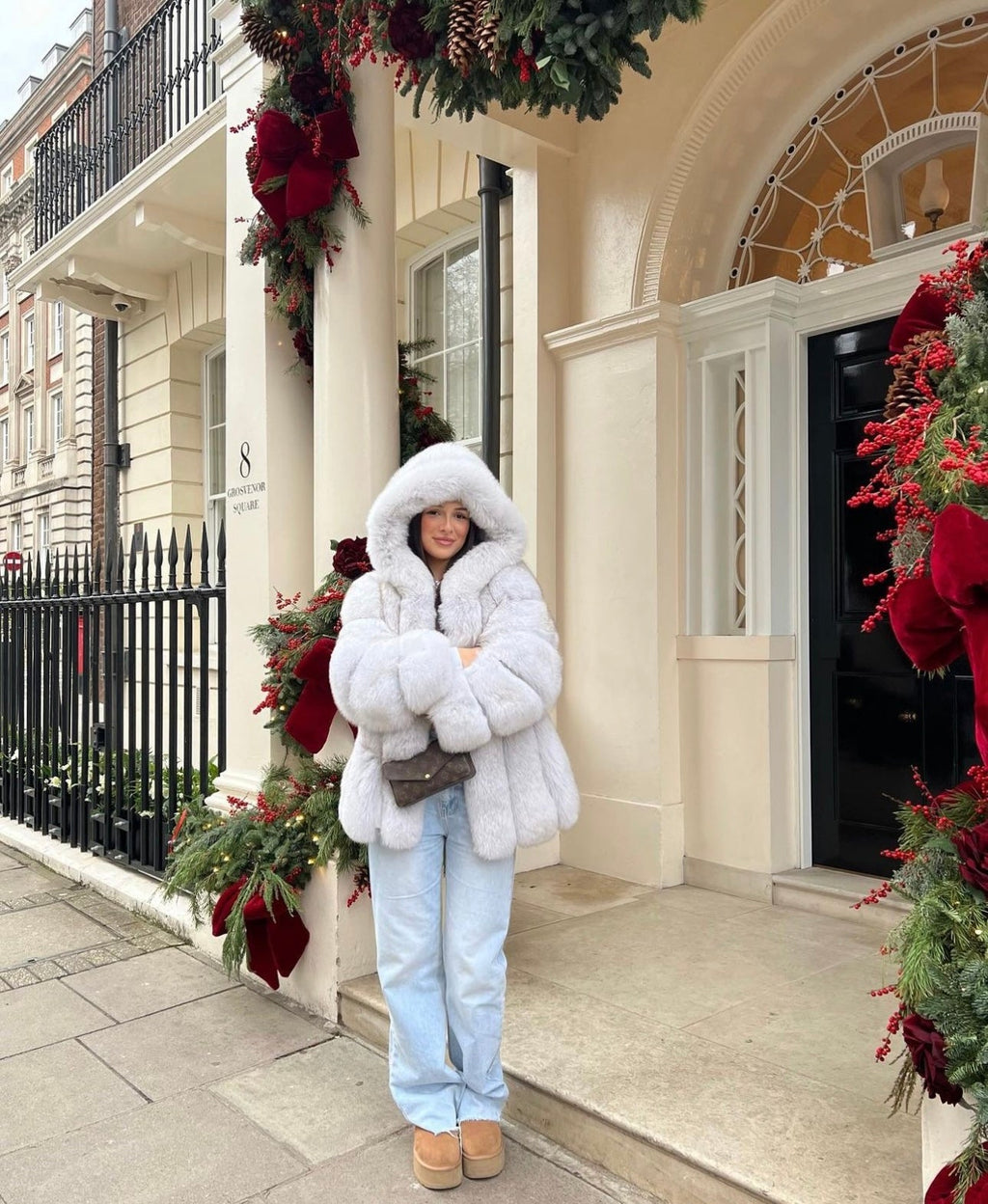 Luxurious Hooded Genuine Fox Fur Long Coat with Pockets and Satin Lining