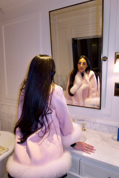 Elegant Blush Pink Cashmere Wool Coat with Fox Fur Trim