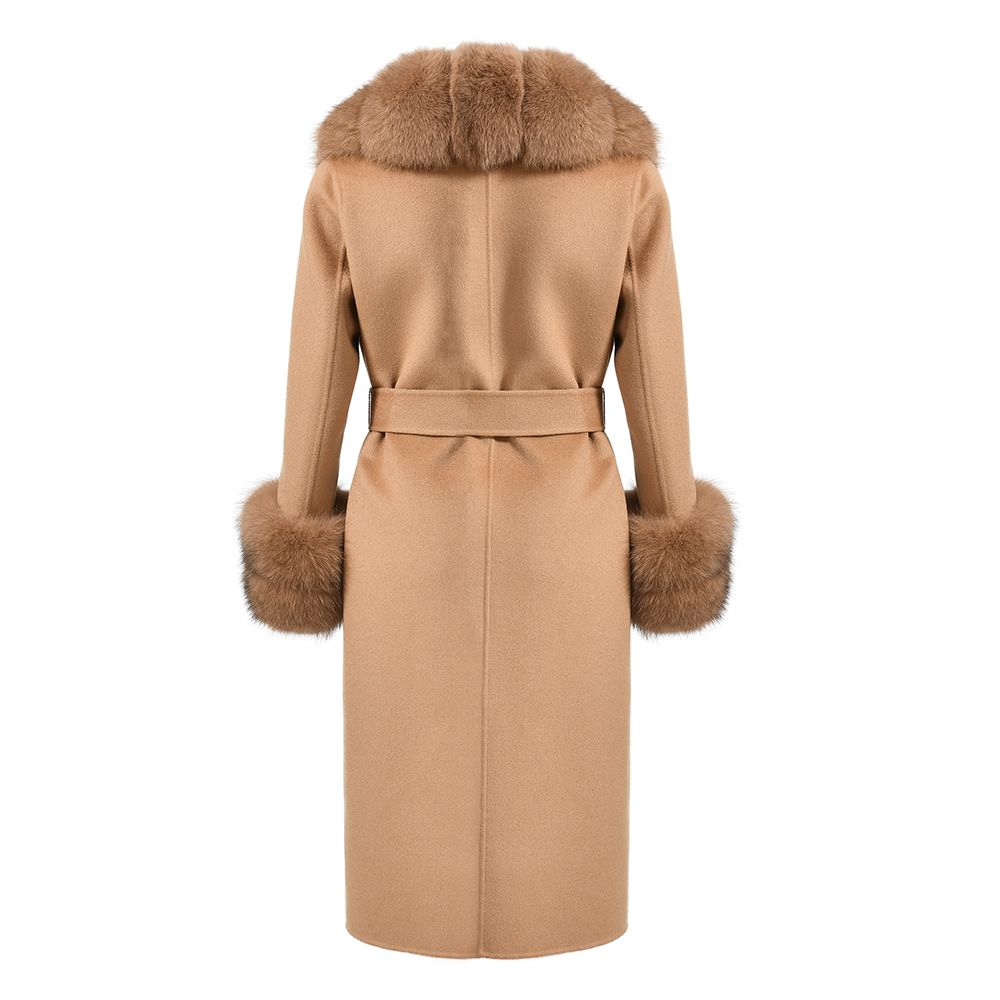 Luxury Long Cashmere Wool Coat with Detachable Fox Fur