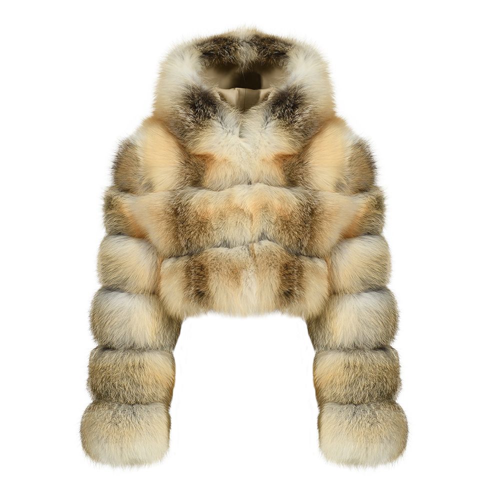 Luxurious Golden Island Fox Fur Cropped Mini Hooded Coat