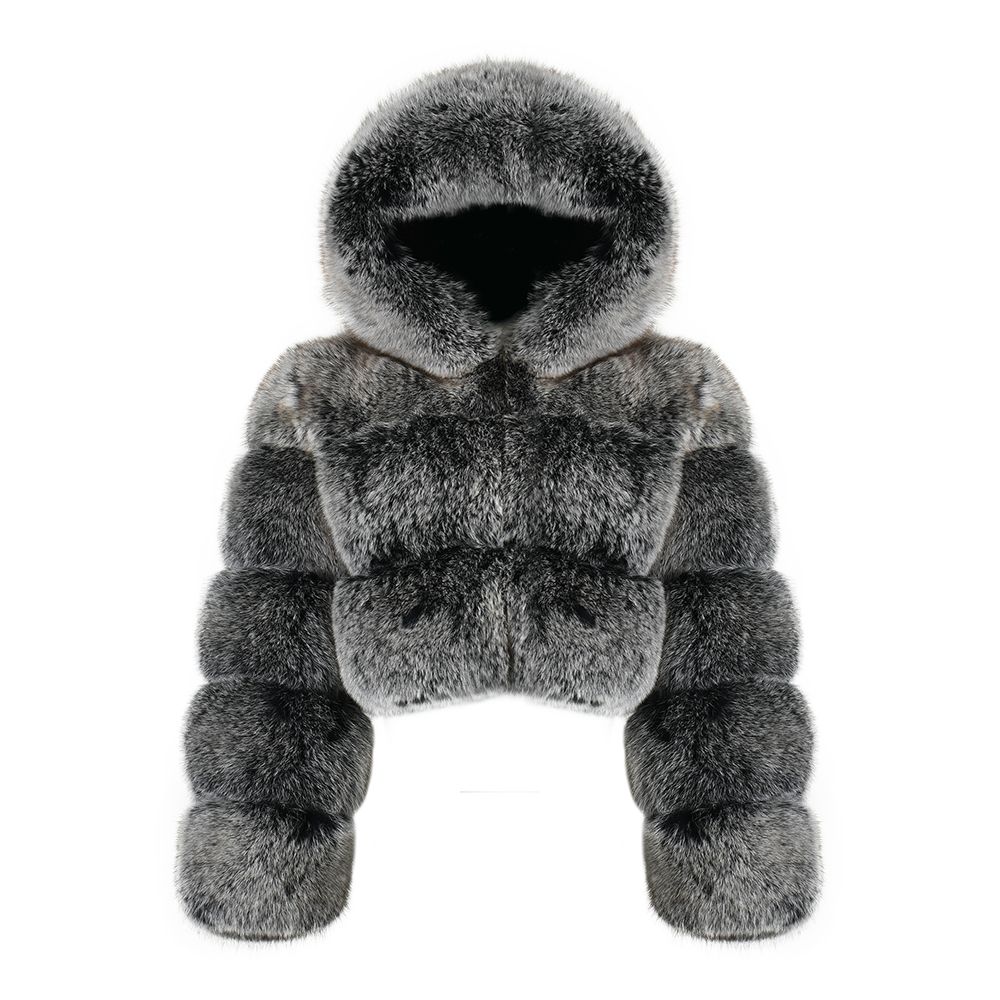 Luxury Cropped Mini Genuine Fox Fur Hooded Winter Coat