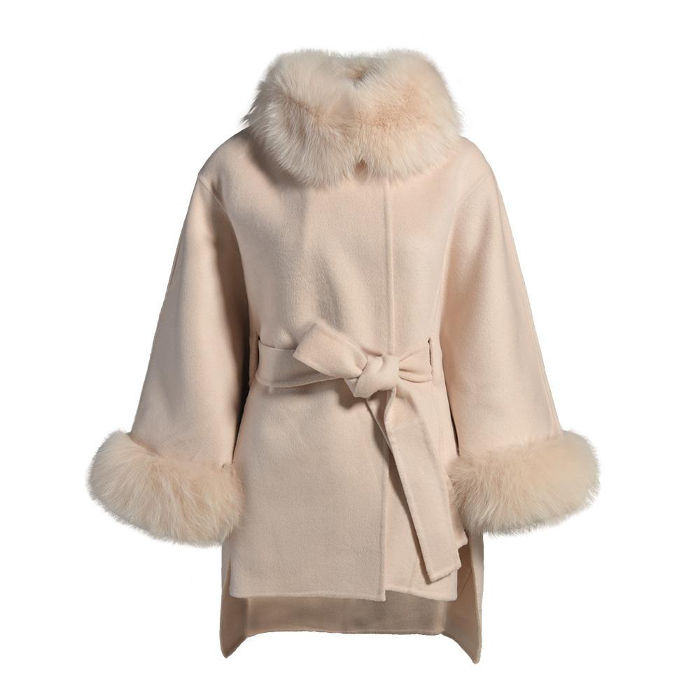 Elegant Cashmere Wool Cape Coat with Detachable Fox Fur Cuffs