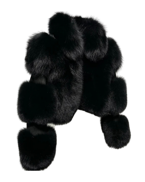 Black Cropped Fox Fur Coat with Genuine Leather Sleeves