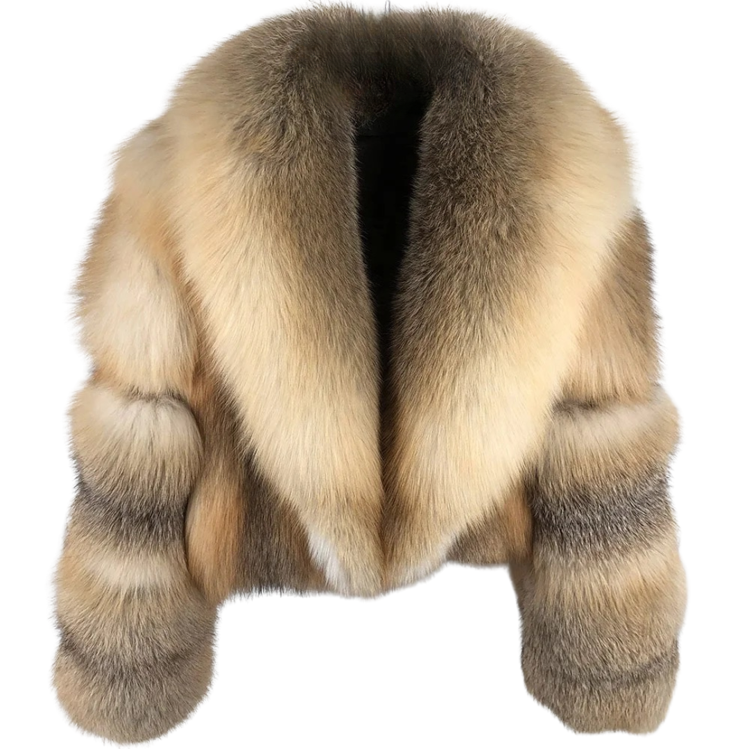Premium Gold Island Cross Fox Fur Coat with Oversized Collar