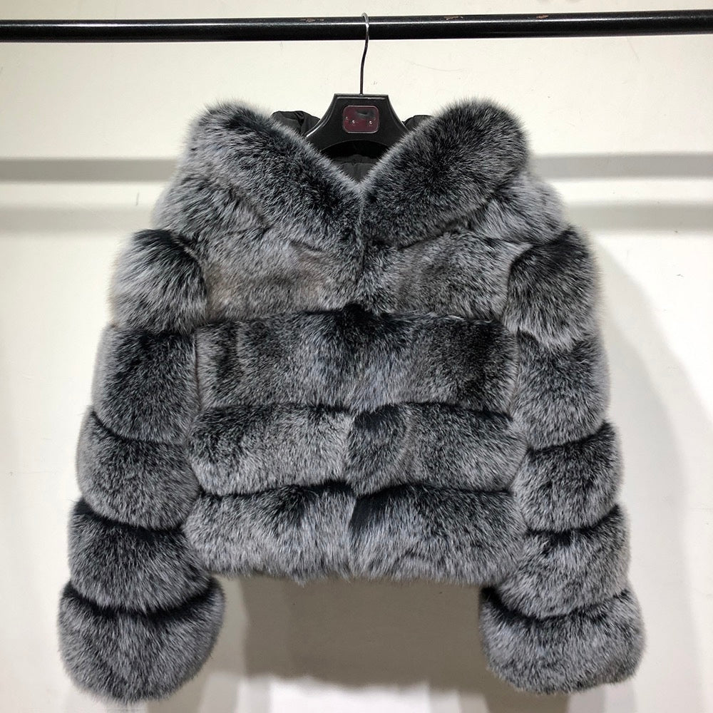 Luxury Real Fox Fur Hooded Cropped Coat in Frosty