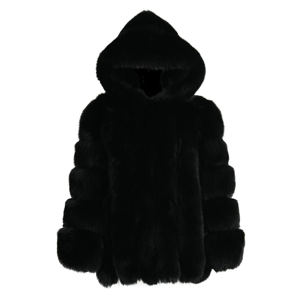 Luxurious Hooded Genuine Fox Fur Long Coat with Pockets and Satin Lining
