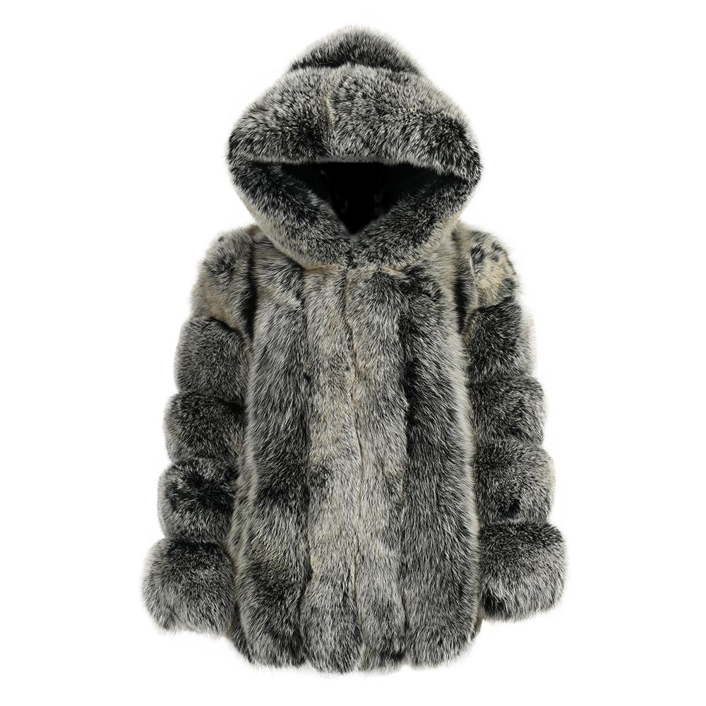 Luxurious Hooded Genuine Fox Fur Long Coat with Pockets and Satin Lining
