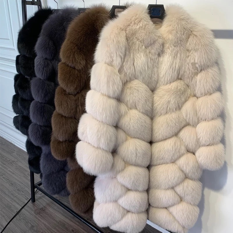 Luxurious Dolcie London Overlap Long Fox Fur Coat with Leather Lining