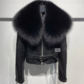 Genuine Leather Jacket with Removable Oversized Fox Fur Collar
