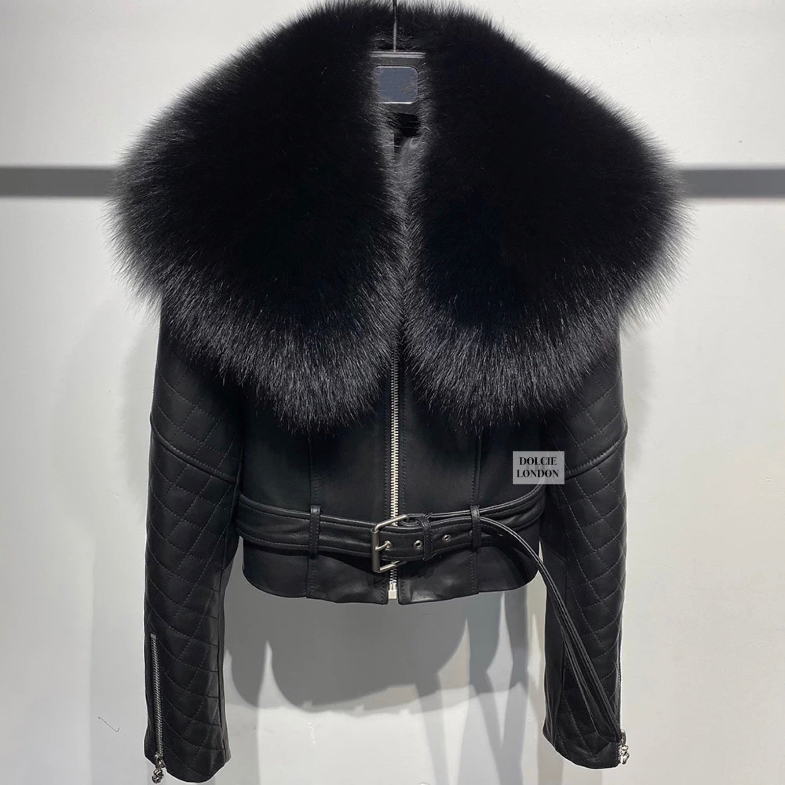 Genuine Leather Jacket with Removable Oversized Fox Fur Collar