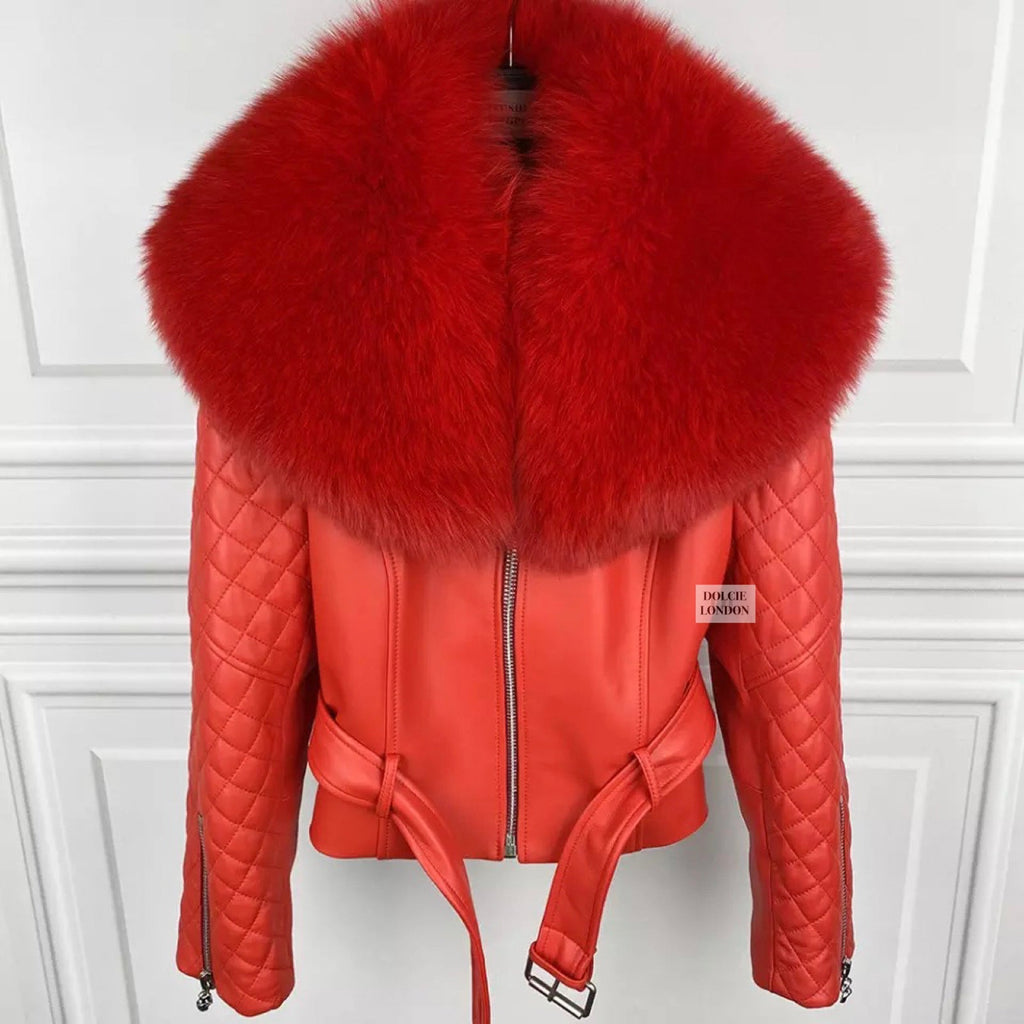 Genuine Leather Jacket with Removable Oversized Fox Fur Collar