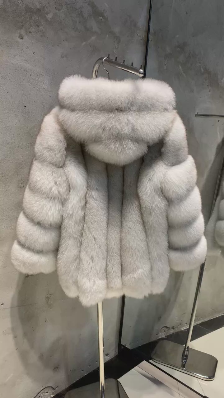 Veloura Hooded Fox Fur Long Coat – Pockets & Satin Lined Luxe Edition